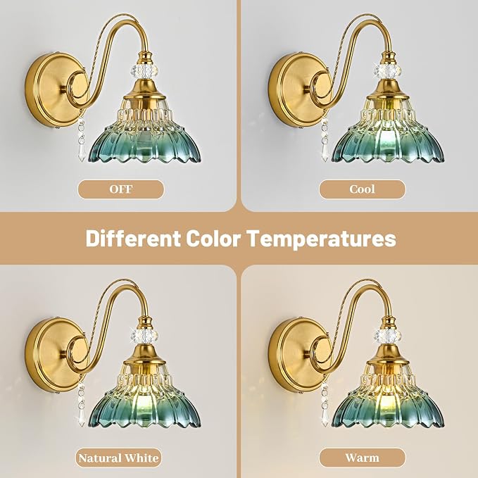 1 Piece Vintage Wall Sconce, 1-Light Brushed Gold Finish Wall Sconce with Hanging Crystal Accents and Flower-Shaped Teal Shades for Bathroom Bedroom Living Room,Vintage Vanity Light