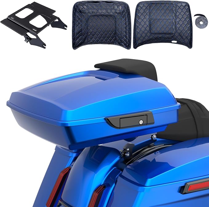 Advanblack 2024 Road Glide Razor Tour Trunk Pack Compatible with Road King FLHR Street Glide FLHX Road Electra Glide 2014-2025 Mounting Rack, Backrest & Stitching Liners (Blue Burst)