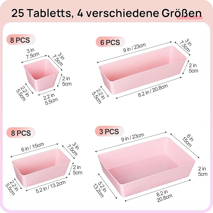 Vtopmart 25 PCS Plastic Drawer Organizers Set, 4-Size Versatile Bathroom and Vanity Drawer Organizer Trays, Storage Bins for Makeup, Bedroom, Kitchen Gadgets Utensils and Office | Plastic storage bins for organizing bathroom, bedroom, kitchen and offic...
