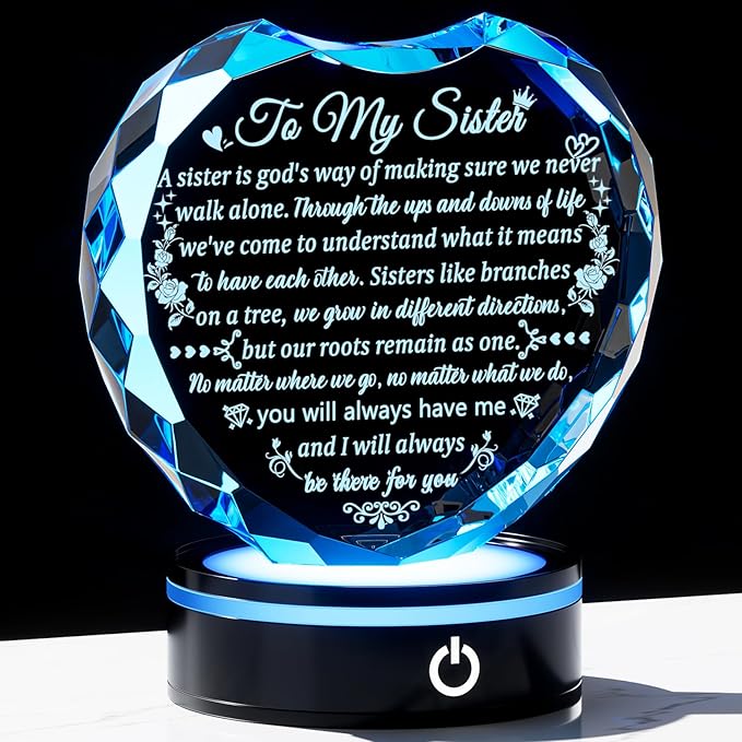 Arikyrist Sister Gift from Sister Brother on Birthday with Colorful LED Base, Crystal Heart Keepsake for Sisters Women - Mother's Day Valentine Gift Idea for Her
