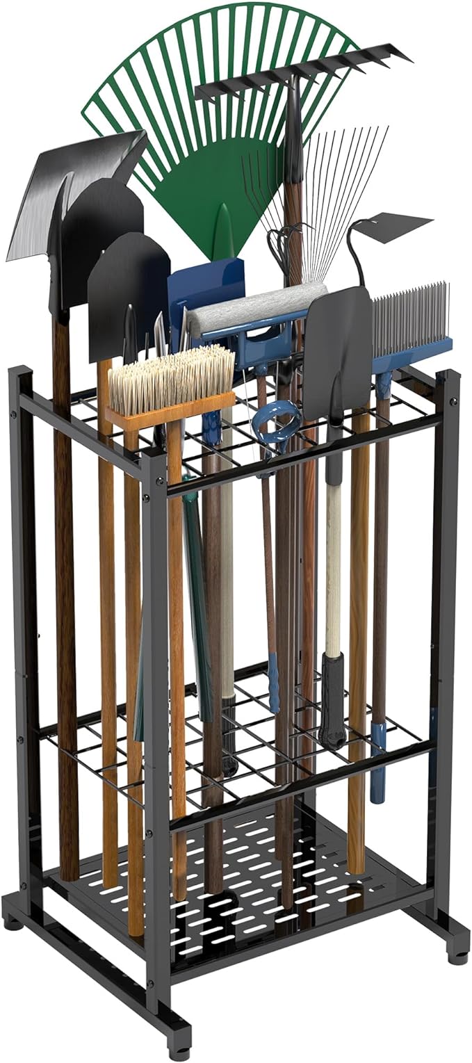 Tool Organizer for Garden, Garage Tool Organizer & Garage Organization – Heavy Duty Steel Garden Tool Organizer Stand Holds 35 Tools/Rakes/Brooms, Tool Storage Rack for Shed/Outdoor, Garage Organizer