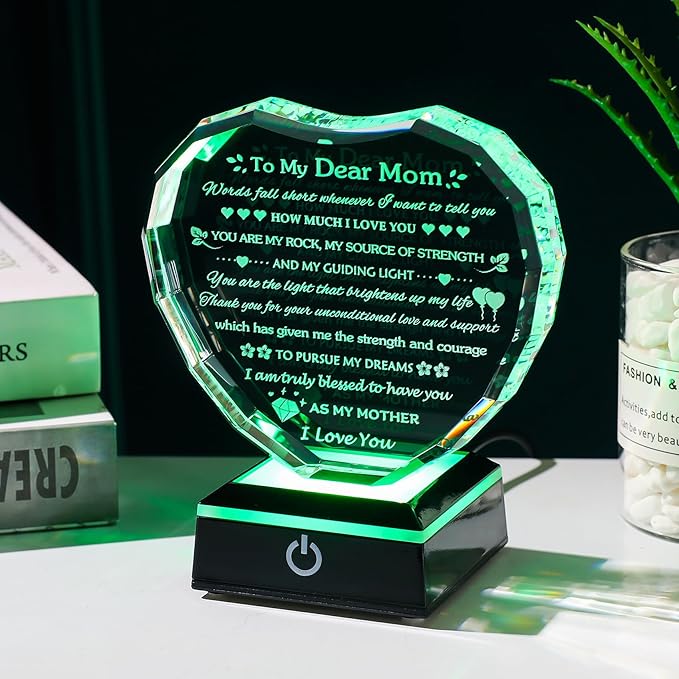 Arikyrist Gifts for Mom with Colorful LED Base Moms Birthday Gifts from Daughter Son to My Mom Gift Crystal Heart Keepsake Best Mother Presents Idea for Christmas Mother's Day Valentine