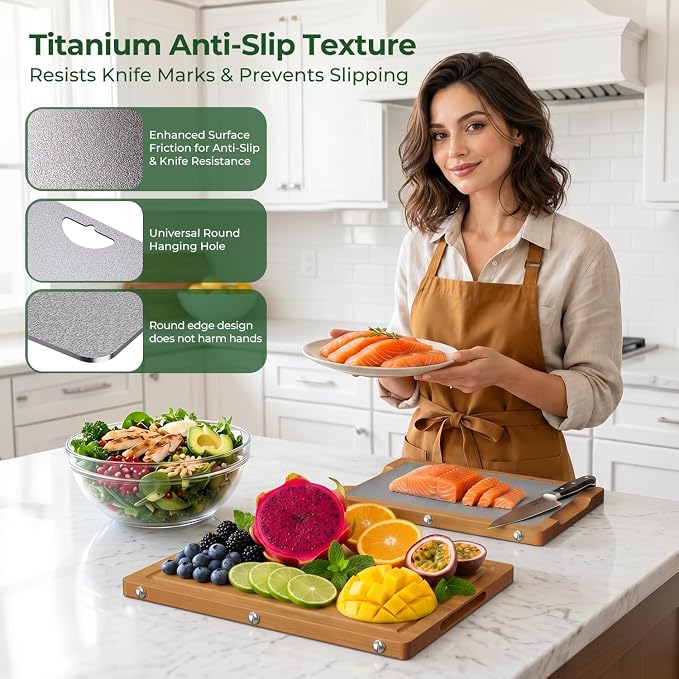 Formaldehyde Free, Glue Free, Bamboo Pure Titanium Cutting Board Set | 6 Usable Sides, Juice Grooves, Non-Slip & Scratch Resistant, Knife-Friendly, Dishwasher Safe, Warp Resistant, Kitchen Gifts