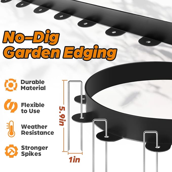 Jorvila No Dig Landscape Edging Kit, 1.5" x 60' Plastic Garden Edging | 60 Pcs Metal Spikes, Plastic Material, Flexible Garden Border, Suitable for Lawn, Yard, Landscaping, Flower Beds