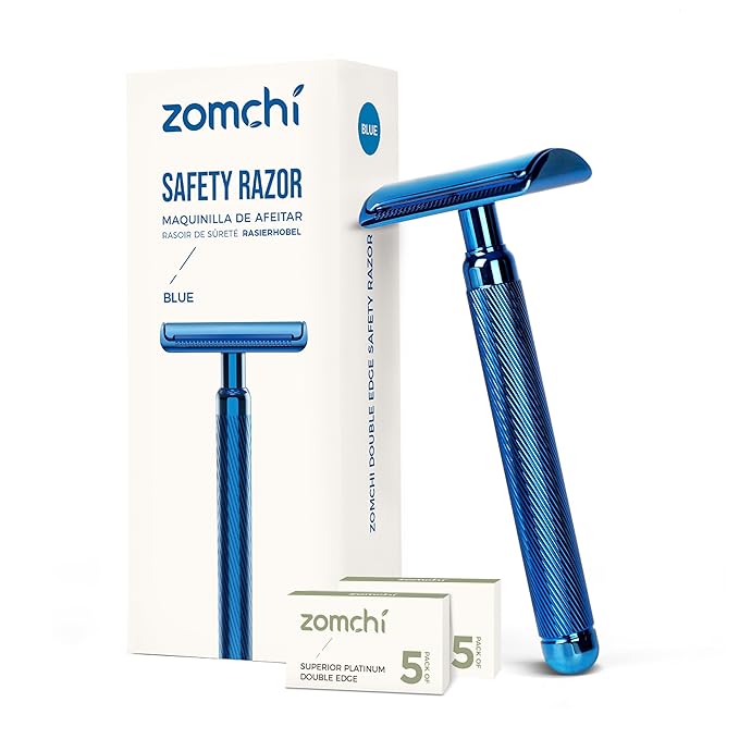 Double Edge Safety Razor, Metal Razor Includes 10 Double Edge Blades | Premium noble blue finish with a vibrant metallic appearance and durable coating.