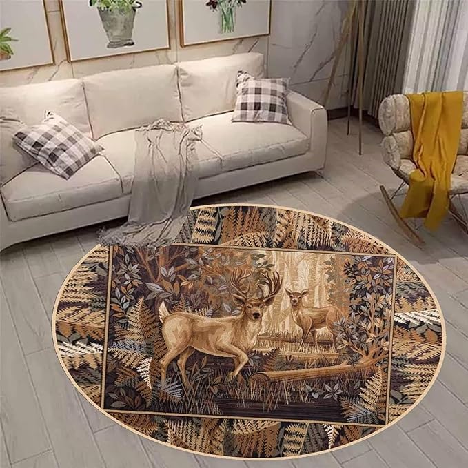 Abstract Western Rustic Wildlife Print Rugs 6ft for Bedroom Living Room Non-Slip Brown Cabin Moose Deer Round Area Rug Circle Farmhouse Mats