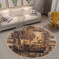Vintage Cabin Natural and Animals Area Rugs 4ft for Dining Room Non-Slip Western Wildlife Print Carpet Low Pile Moose Deerlet Circular Rug Mats