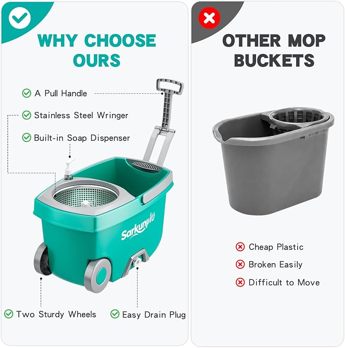 Mop and Bucket Set with 6 Replacement Microfiber Heads, Blue | Spin mop with wringer, 61-inch extra-long handle, spinning mopping floor cleaning system for home floor