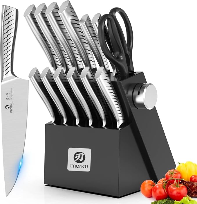 imarku® Knife Set,14-Piece Knife Sets for kitchen with block,Premium One-Piece Kitchen Knife Set with Sharpener,High Carbon Stainless Steel Knives Set for Kitchen,Dishwasher Safe,Black