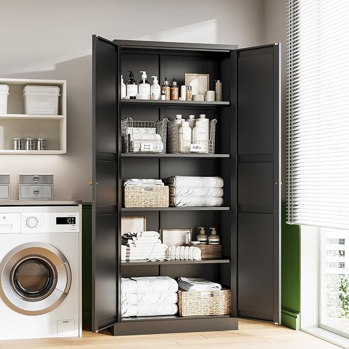 Black Storage Cabinet with Adjustable Shelves-Metal Home Kitchen Pantry Cabinets with Doors,Organization Locker for Cupboard/Bedroom/Dining/Living/Bathroom/Office/Garage Room