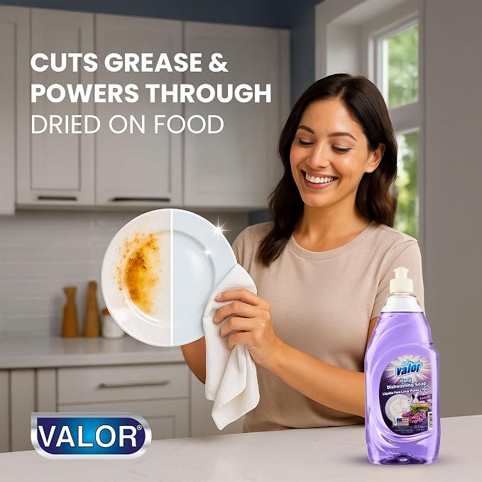 Valor Dishwashing Liquid, 25 fl oz – Dish Soap for Kitchen & Bathroom, Grease-Fighting, Gentle on Hands, Fast Rinse, Eco-Friendly Biodegradable Formula (25 fl oz (Pack of 1), Lavender)