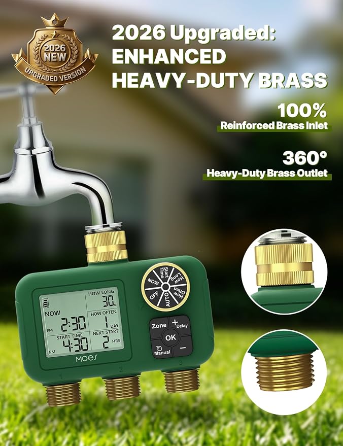 MOES 3 Zone Water Timer for Garden Hose, 3/4 in Brass Inlet and Outlets, Battery Operated Sprinkler Timer, 3 Outlet Faucet Valve, Sequential Watering, Rain Delay, Non-WiFi
