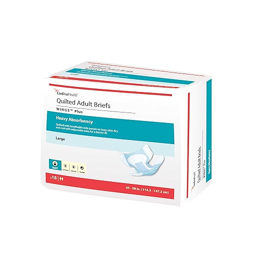 Cardinal Health™ Quilted Adult Briefs, Wings™ Plus, Heavy Absorbency, Size Large, Unisex Adult Briefs, Disposable Incontinence Diapers with Refastenable Tabs – Case of 4 Bags of 18 Briefs (72 Total)