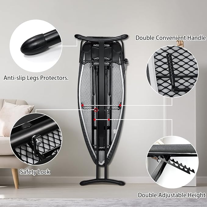 Duwee 18"x48" Deluxe Ironing Board with Retractable Iron Rest | Extra Wide Ironing Board,Heat Resistant Cover and Thicken Padding,Thicken Steel Top Board,with sleeve board,Adjustable Height