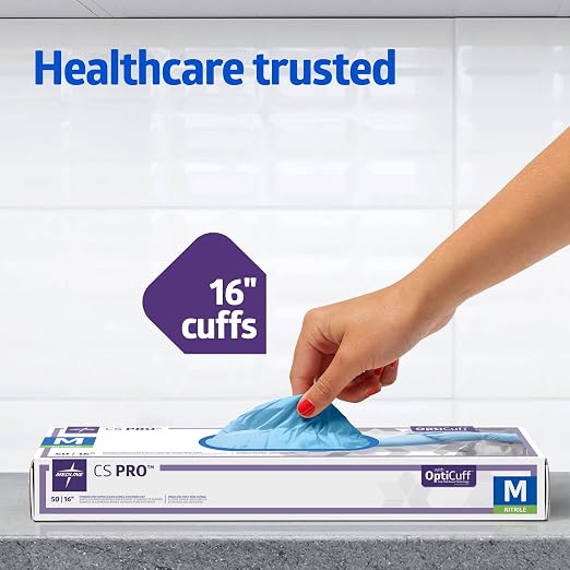 Medline CS Pro 16” Cuff Nitrile Exam Gloves, 50 Count, X-Large, Powder Free, Disposable, Not Made with Natural Rubber Latex, Longer Cuff, Thicker Glove for Extra Protection