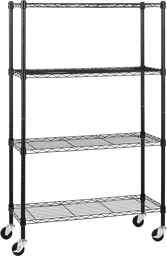 Amazon Basics 4-Shelf Heavy Duty Garage Shelving Storage Unit on 3" Wheel Casters, Adjustable Metal Wire Rack with Leveling Feet, 36" x 14" x 57.75", Black