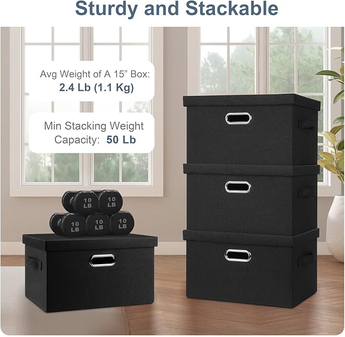 Graciadeco Medium 15" 21 Quart Collapsible Stackable Storage Bins with Lids, 3 Packs Black Foldable Fabric Closet Boxes Heavy-duty Lidded Linen Cube Basket Container Organizer and Storage for Bedroom