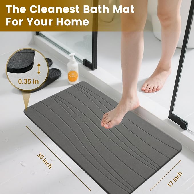 Extra Large Stone Bath Mat, 30'' x 17'' Diatomaceous Earth Non-Slip Stone Shower Mat, Super Absorbent Diatomite Stone Mats for Bathroom Dark Gray XL Flow