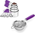 U-Taste 10 Piece Measuring Cups and Spoons Set in 18/8 Stainless Steel, and 18/8 Stainless Steel 3.9 inch 30 Mesh Strainer (Purple)