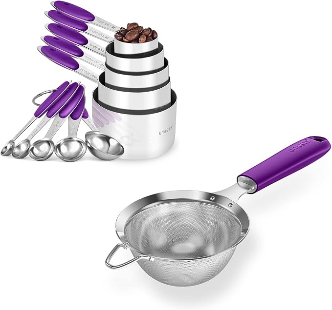 U-Taste 10 Piece Measuring Cups and Spoons Set in 18/8 Stainless Steel, and 18/8 Stainless Steel 3.9 inch 30 Mesh Strainer (Purple)