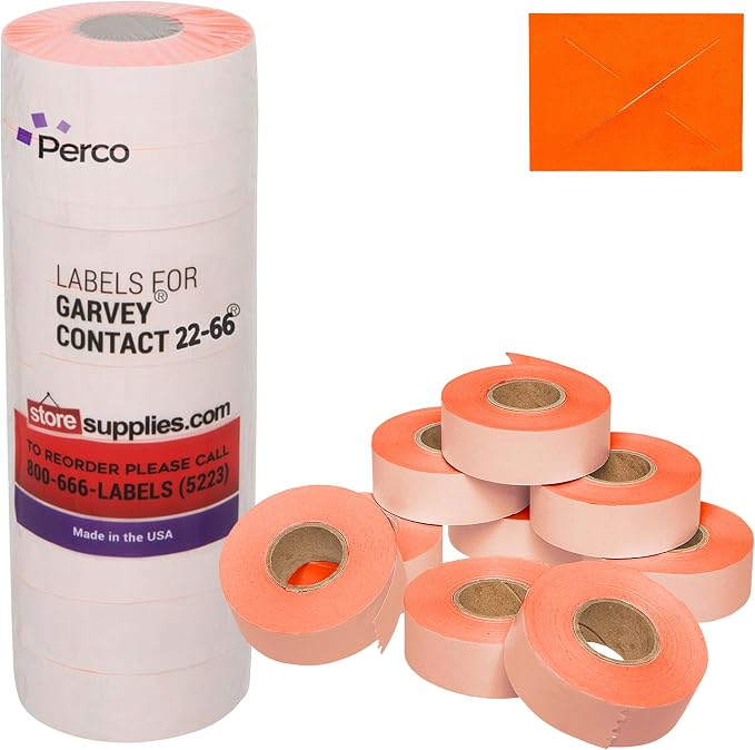 Perco Fluorescent Red Price Marking Labels - 9,000 Blank Labels for Garvey 22-66/22-77/22-88 Two Line Pricing Gun with Ink Roll Included - 9 Rolls, 1 Sleeve - Made in USA
