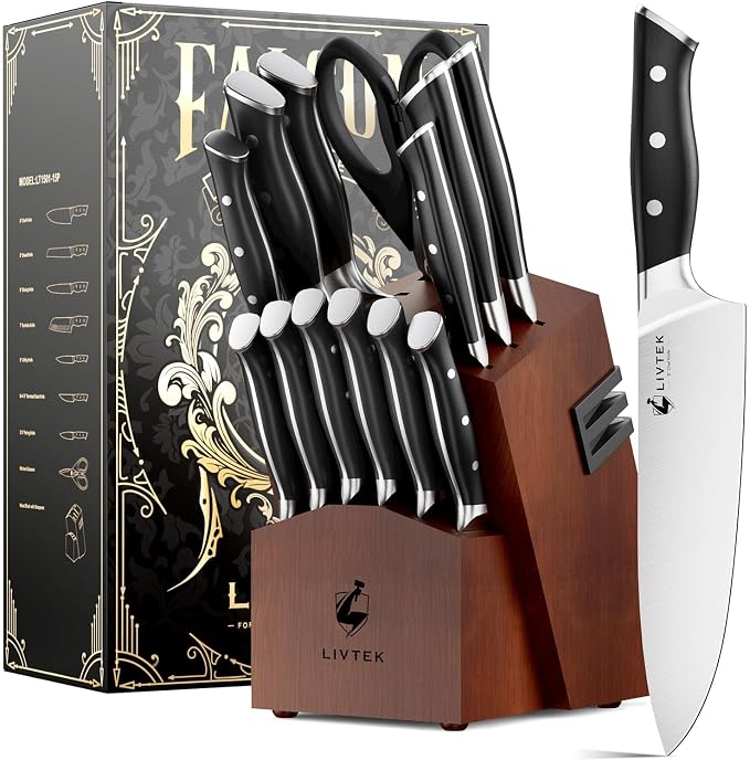 Knife Set with Block - Kitchen Knife Set German High-Carbon Stainless Steel with Built-in Sharpener - Full Tang, Triple-Rivet Ergonomic Handle - Holiday Gift Idea - 15-Piece, Falcon Series.