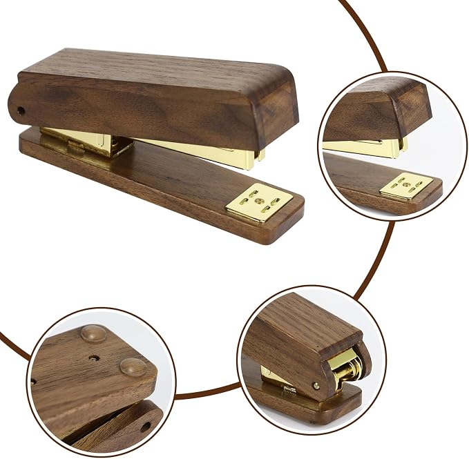 MultiBey 5-Piece Walnut Desk Set, Wood Stapler and Tape Dispenser, 4x6 Wooden Sticky Note Holder, 1000 Pcs Rose Gold Staples & Tape | Elegant Wood Desk Accessories for Office Home School