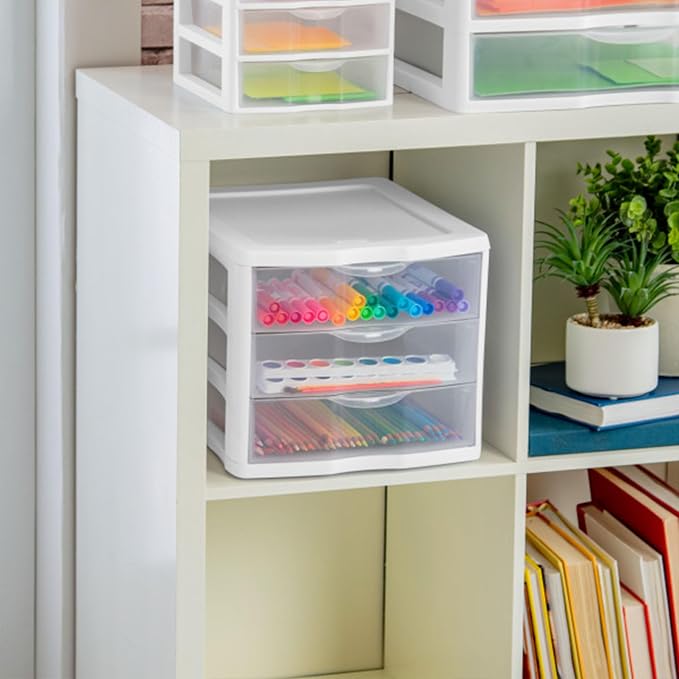 Sterilite 4-Pack 3 Drawer Unit, Stackable Plastic Organizer with Drawers, White Frame - Multi-Purpose Countertop Storage Containers for Office Supplies, Craft Rooms, Classrooms and Home Organization