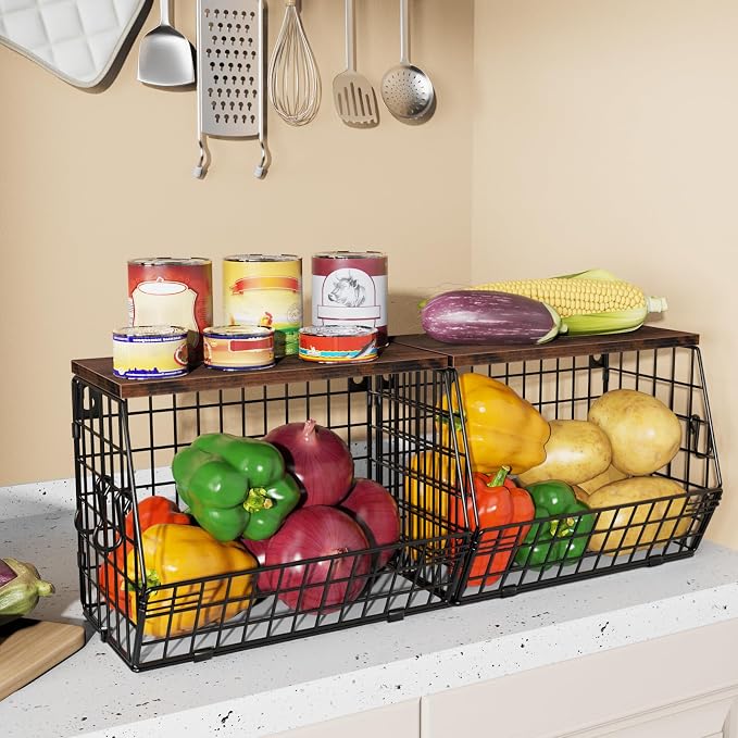 Mefirt Fruit Bowl, Stackable Wall Mounted Fruit Basket of Smooth Wood Lid with 4 Banana Hanger Hooks, Metal Kitchen Counter Organizer for Snack, Fruit and Vegetable Storage, 11.8 * 7.9 * 8.5 Inches