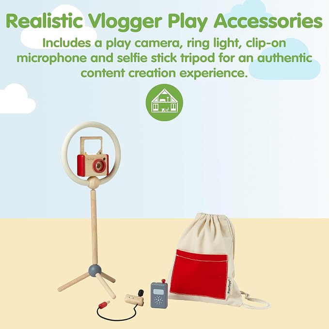 PlanToys® Wooden Pretend Play Video Creator Kit for Kids Vlogger Camera Set | camera ring light tripod, wooden video creator kit, montessori pretend play, vlogger storytelling communication, kids educati