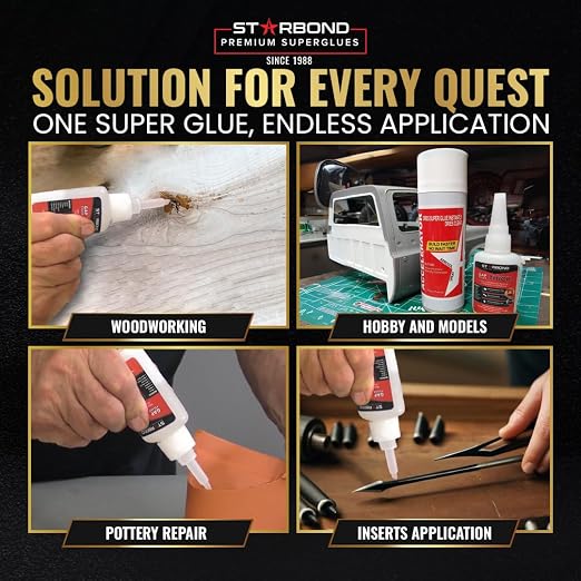 Starbond 2 oz Thick CA Glue with 6 oz Aerosol Activator Bundle Premium Cyanoacrylate Super Glue for Mitre Joint Bonding, Woodworking, Carpentry, Archery Fletching