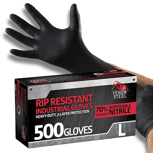 Venom Steel Industrial Nitrile Gloves, Chemical Resistant Disposable Black Gloves, Latex-Free, Powder-Free, Textured Grip, Heavy Duty Two-Layer Protection, 6 mil, Large (Pack of 500)