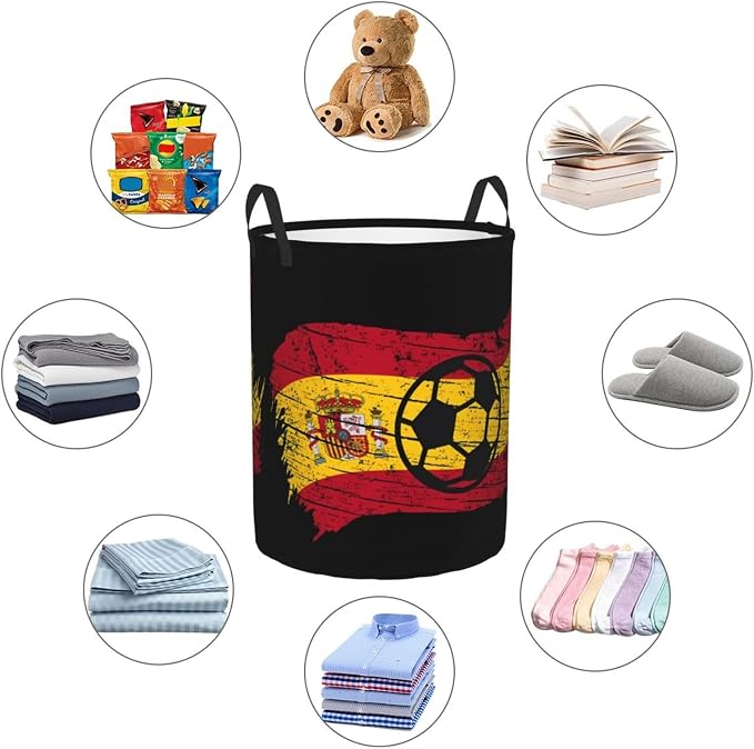 Vintage Spain Spanish Espana Soccer Football Flag Laundry Hamper Laundry Basket Circular Hamper Dirty Clothes Storage with Handles