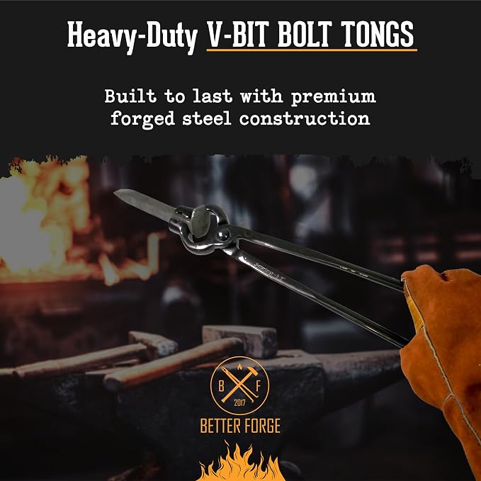 V-Bit Bolt Blacksmith Tongs (22", Black) - Blacksmith Tools and Forging Tools for Beginner & Professional Blacksmithing - Durable Steel, Ergonomic Grip and Versatile