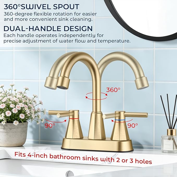 Bathroom Faucet 3 Hole Brushed Gold, 4 Inch Bathroom Sink Faucet Centerset with Pop Up Drain, Double Handle Vanity Faucet 3 Hole with 360° Swivel Spout, Rv Bathroom Sink Faucet