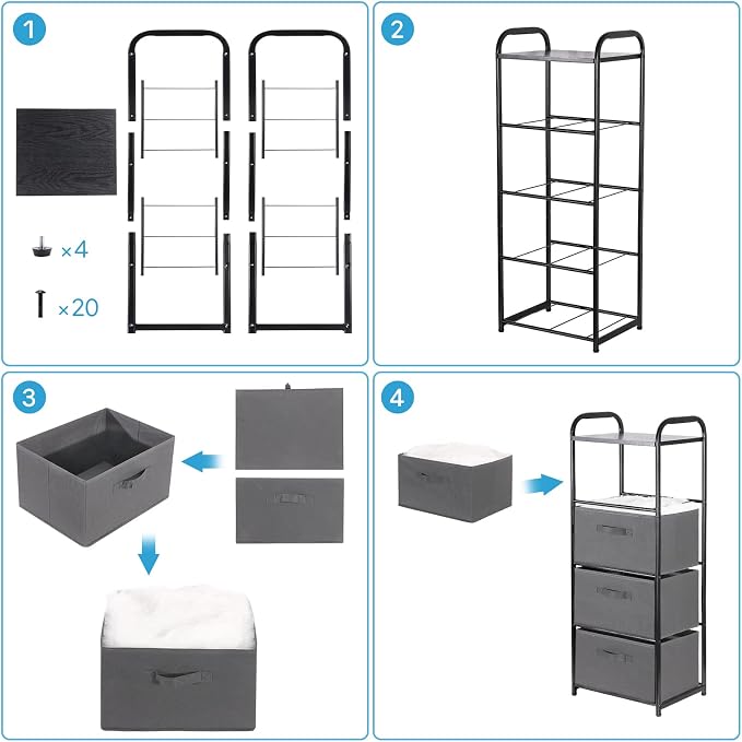 MAX Houser 4 Drawer Fabric Dresser Tall Storage Tower, Dresser Chest with Wood Top, Vertical Nightstand Side Organizer Unit with Metal Frame for Closets Bedroom Nursery Room Hallway(Leaden) | , Dresser Chest with Wood Top, Vertical Nightstand Side Orga...