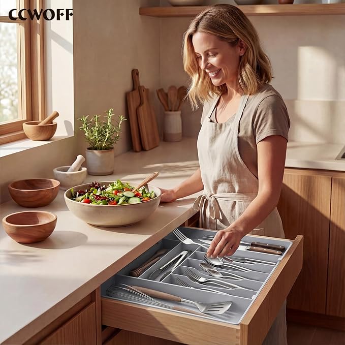 Heavy Duty Stainless Steel Frame Silverware Organizer with Plastic Body, Extra Large Silverware Drawer Organizer, 9 Slot Expandable Kitchen Drawer Organizer, 8 Non-Slip Feet Included, BPA Free, Gray