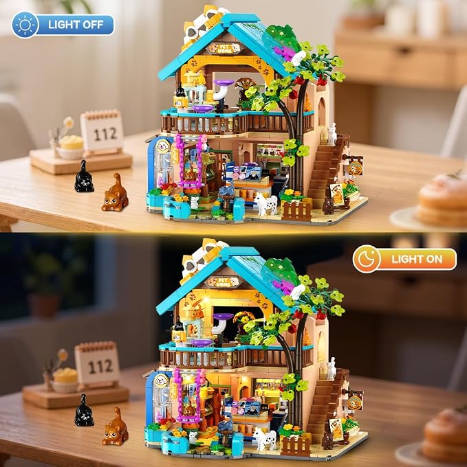 INSOON City Pet Shop Building Set with Lights for Adults Kids Boys Girls 8+ | 1431 PCS Cozy Pet Construction Toy with Cats Dogs, Cute Animal Store Miniature House Model Building Block Kit for Home Decor