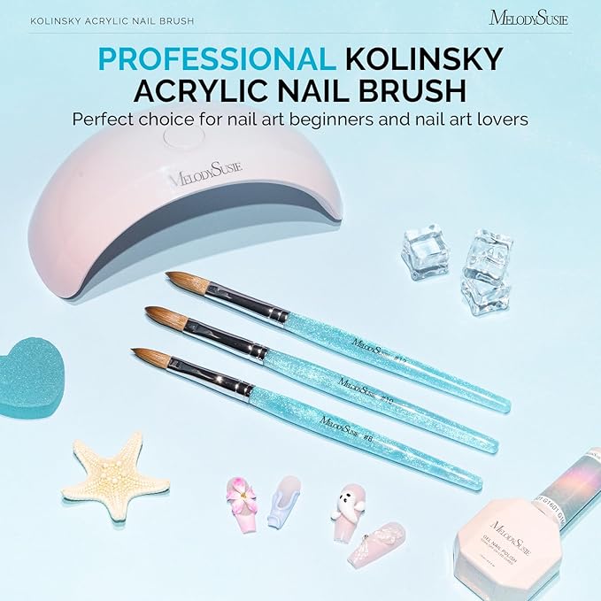 MelodySusie Kolinsky Acrylic Nail Brush,66% Kolinsky Hair Professional Nail Art Brush for Acrylic Application, Aurora Collection Fine Glitter Brush, Blue, Size 8