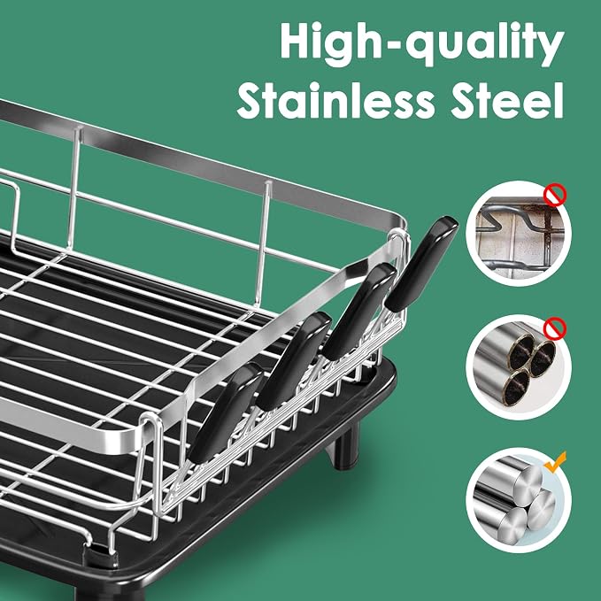 MOUKABAL Stainless Steel Dish Drying Rack for Kitchen Counter, Black Silver | 13×17 Large Capacity/Drainboard with Rotating Spout/Removable Cup & Utensil Holders/Fast Drainage/Countertop Dish Drainer