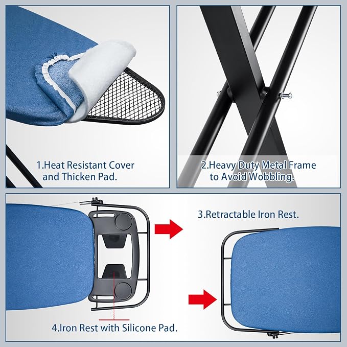Duwee 18"x48" Deluxe Ironing Board with Retractable Iron Rest | Extra Wide Ironing Board,Heat Resistant Cover and Thicken Padding,Thicken Steel Top Board,with sleeve board,Adjustable Height