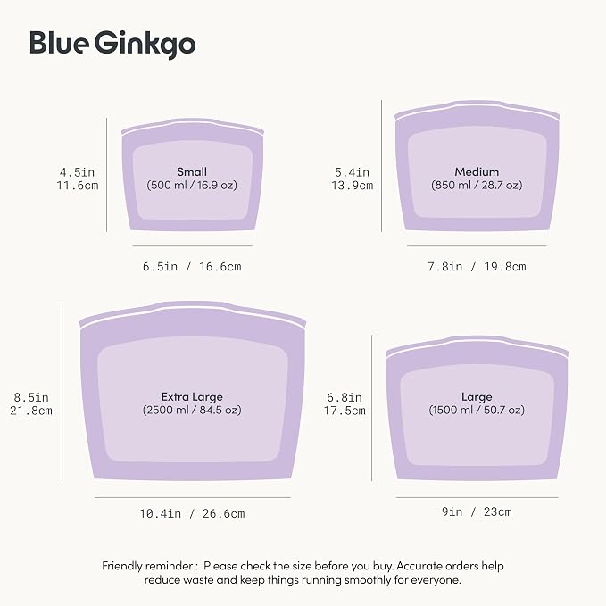 Blue Ginkgo Reusable Silicone Storage Bags – 4-Pack | Korean-Made Stand Up Food, Freezer Bags - Lavender