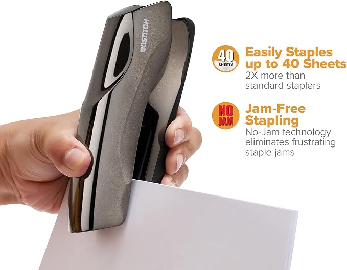 Bostitch Office Heavy Duty 40 Sheet Stapler, Small Stapler Size, Fits into The Palm of Your Hand, Black Chrome (B275-BLKCH)