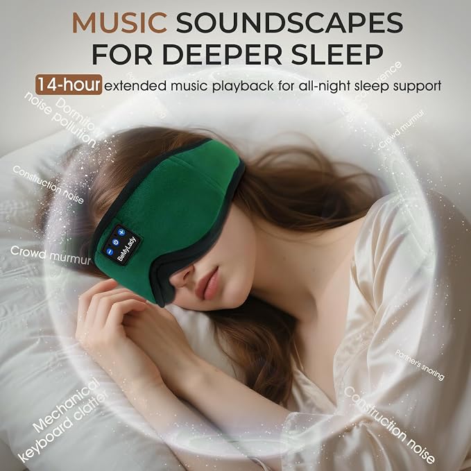 Sleep mask Headphones,100% Blackout 3D Zero Eye Pressure Bluetooth Sleep mask Breathable Eye mask with Bluetooth Headphones Sleep Headphones for Side Sleepers, 14H Playtime&Bluetooth 5.4 Green