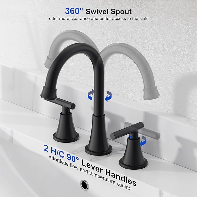 Bathroom Faucets for Sink 3 Hole, Hurran Matte Black Bathroom Sink Faucet with Pop-up Drain and Supply Lines, Stainless Steel Lead-Free Widespread Faucet for Vanity RV Farmhouse, 2 Pack