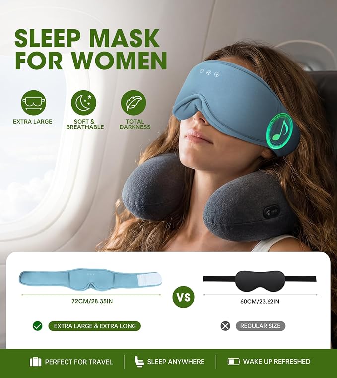 Bamboo Cotton Sleep Mask for Women - Bluetooth Sleep Headphones for Side Sleeper Blackout Eye Mask for Sleeping 3D Contoured Sleep Eye Cover Headband Ear Plugs Low Noise Hook (Blue)
