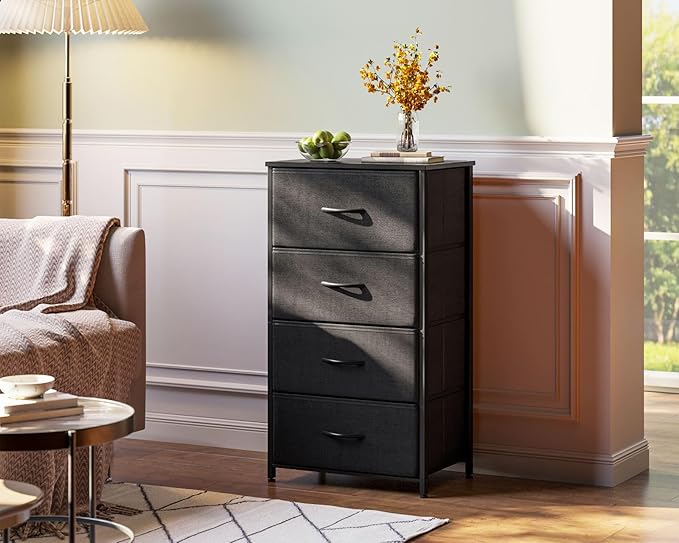AODK Small Dresser for Bedroom with 4 Storage Drawers, Black | Dressers Chest of Drawers Fabric Dresser with Sturdy Steel Frame, Dressers for Closet with Wood Top