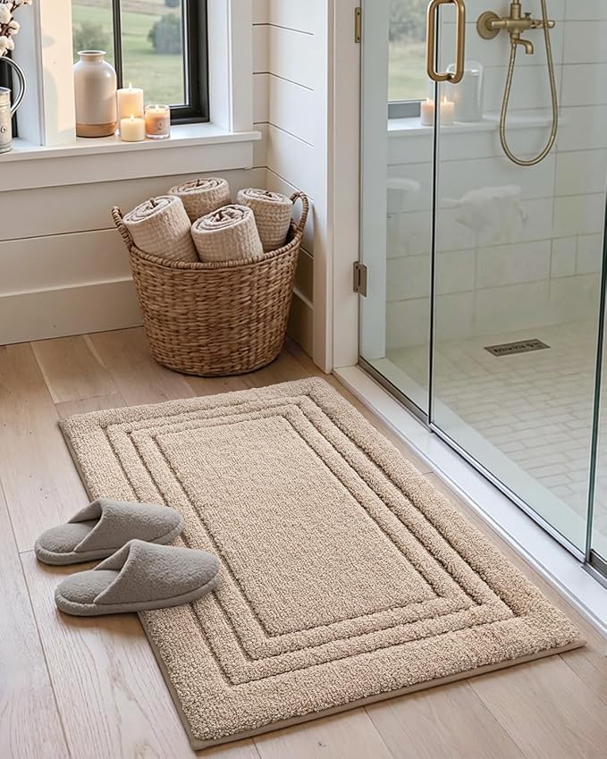 DEXI Bath Mats Bathroom Rug Non Slip Bathmat, 43x24 Beige | Large Soft Microfiber Carpet, Washable, Absorbent Quick Dry for Shower Floor Sink