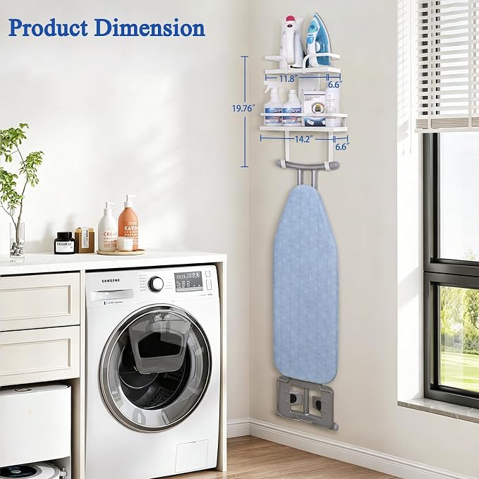 VINAEMO Ironing Board Hanger Wall Mount, 2-Layer Iron and Ironing Board Holder, Laundry Room Shelves Solid Wood with Removable Hooks Home Organization and Storage (White)
