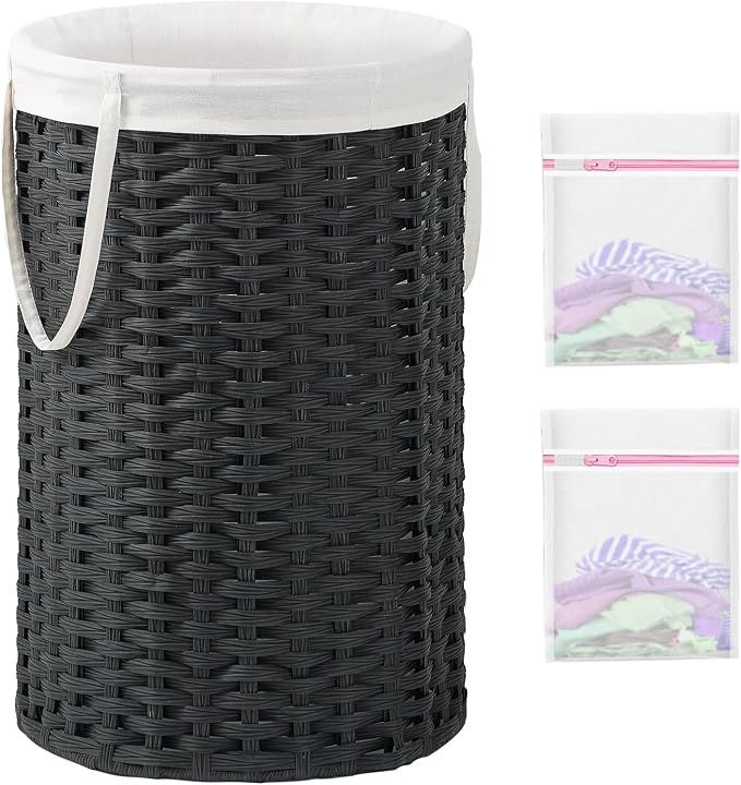 SETVSON 34.3 Gal (130 L) Large Laundry Hamper Laundry Basket Round Handwoven Wicker Laundry Baskets Rattan Laundry Basket with Removable Bag Handles 2 Mesh Bags for Living Room Bedroom Black (No Lid)